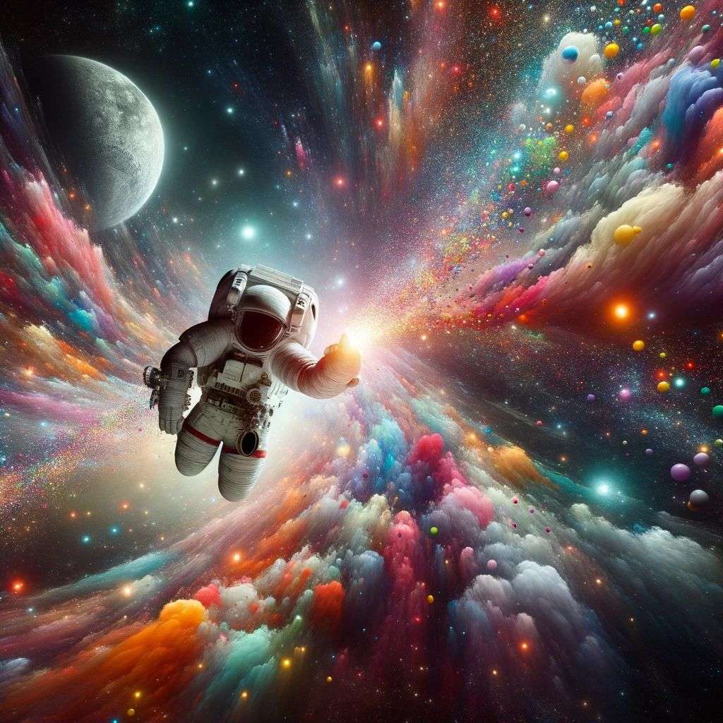 an astronaut, particle explosion, digital art